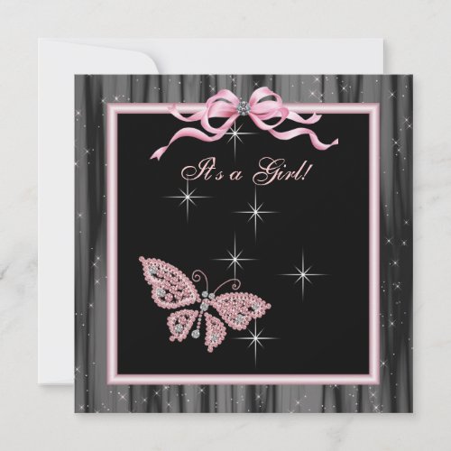 Jewel Butterfly Pink Black Baby Girl Shower Invitations