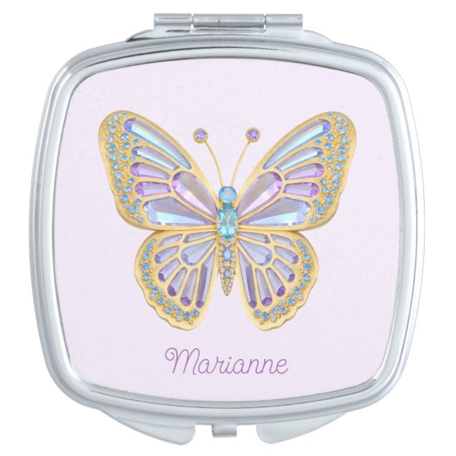 Jewel Butterfly Purple Blue Gold Compact Mirror (Front)