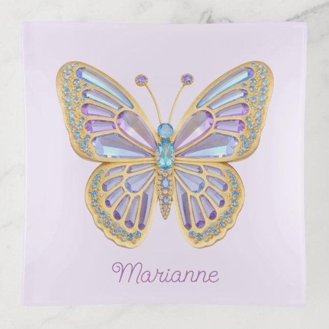 Jewel Butterfly Purple Blue Gold Trinket Tray (Front)