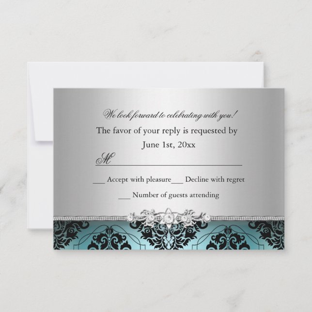 Jewel Damask Teal & Silver RSVP Card (Front)