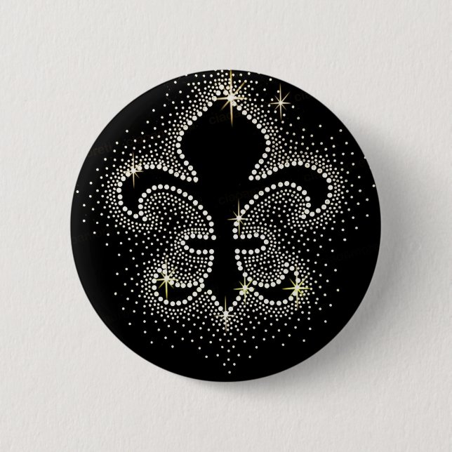 Jewel Fleur De Lis Black Silver Gold Sparkle Button (Front)