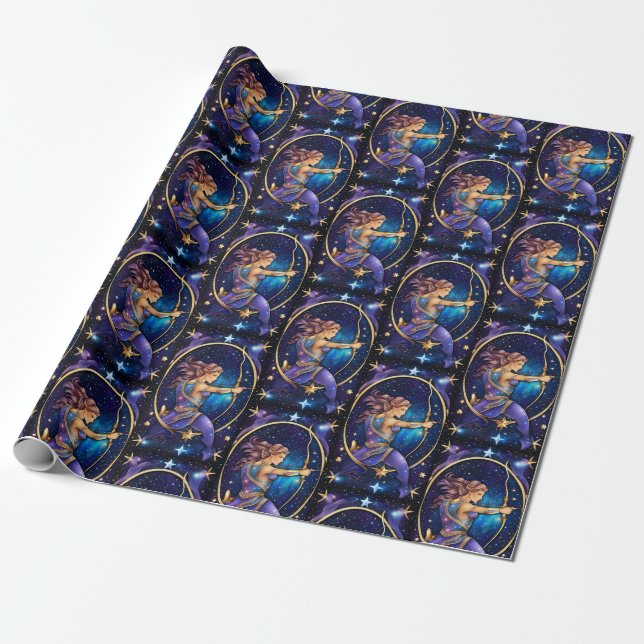 Jewel Galaxy Zodiac Sagittarius Wrapping Paper (Unrolled)
