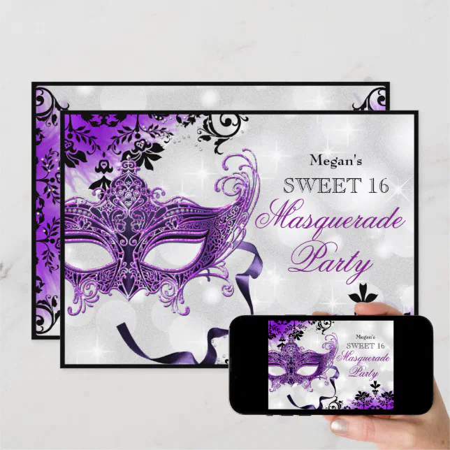 Jewel Mask And Damask Purple Masquerade Sweet 16 Invitation Zazzle