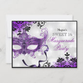 Jewel Mask & Damask Purple Masquerade Sweet 16 Invitation (Front)