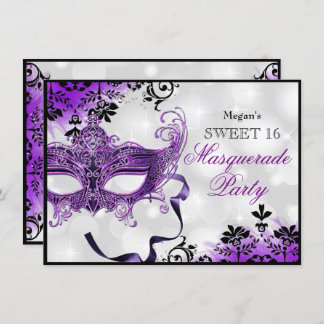 Jewel Mask & Damask Purple Masquerade Sweet 16 Invitation