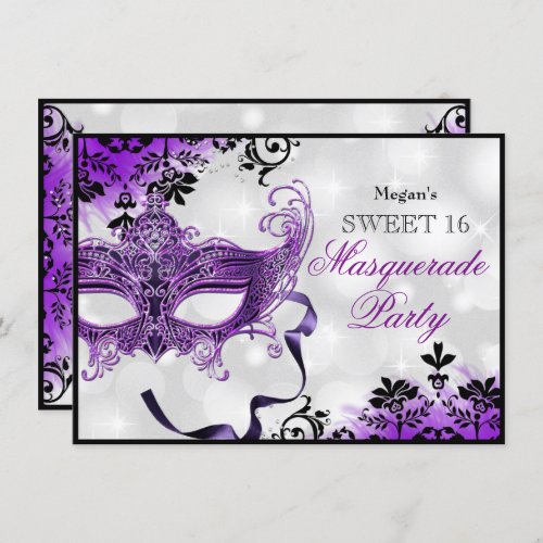 Jewel Mask  Damask Purple Masquerade Sweet 16 Invitation