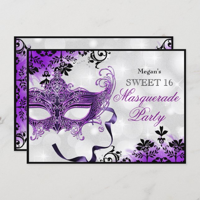 Jewel Mask & Damask Purple Masquerade Sweet 16 Invitation (Front/Back)