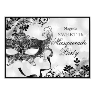 Jewel Mask & Damask Silver Masquerade Sweet 16 Card