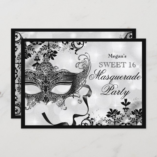Jewel Mask & Damask Silver Masquerade Sweet 16 Invitation (Front/Back)