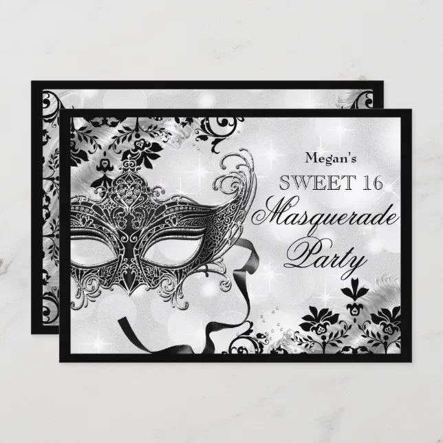 Jewel Mask And Damask Silver Masquerade Sweet 16 Invitation Zazzle