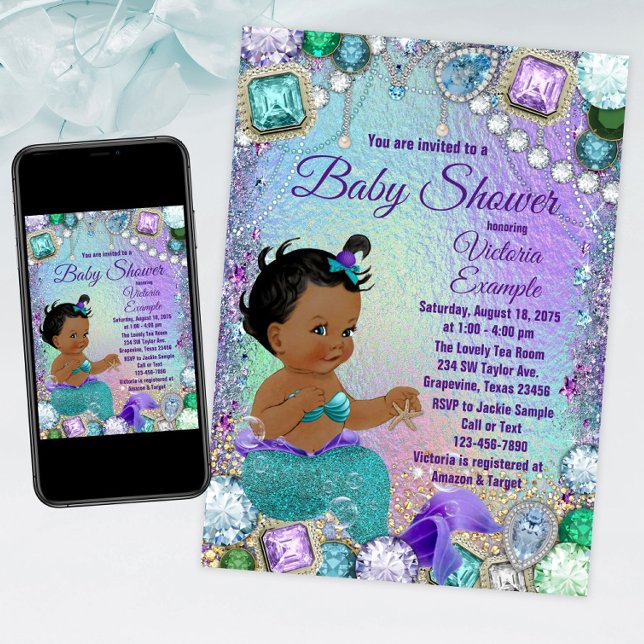 Jewel Mermaid African Mermaid Baby Shower Invitation (Mermaid baby shower invitation with adorable ethnic mermaid baby. For instant download and print.)