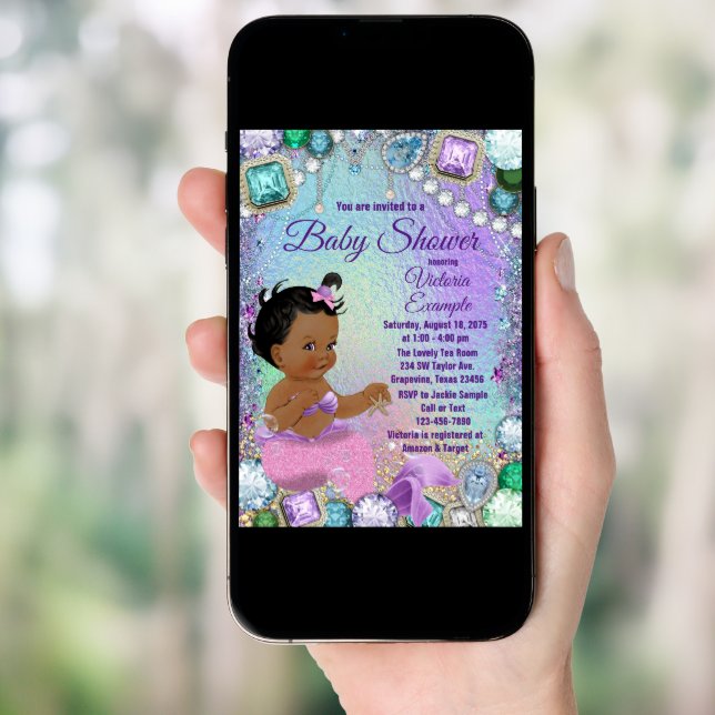 Jewel Mermaid African Mermaid Pink Baby Shower Invitation (Front Digital)