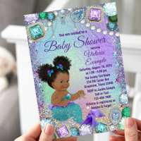 Jewel Mermaid Afro Hair Baby Shower Invitation