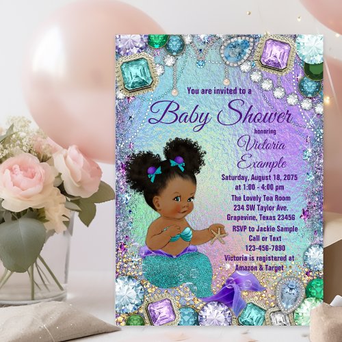 Jewel Mermaid Afro Hair Baby Shower Invitation Postcard