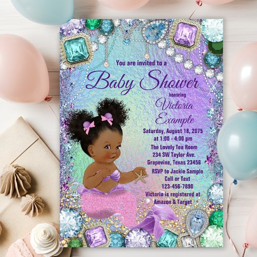 Jewel Mermaid Afro Hair Pink Mermaid Baby Shower Invitation