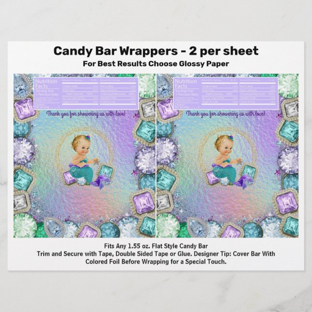 Jewel Mermaid Baby Shower Candy Bar Wrappers (Front)