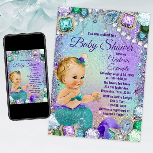 Jewel Mermaid Blonde Mermaid Baby Shower Invitation