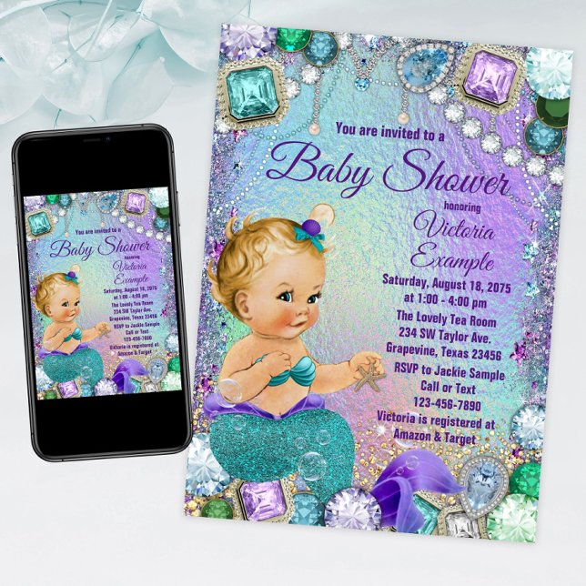 Jewel Mermaid Blonde Mermaid Baby Shower Invitation (Mermaid baby shower invitation with cute mermaid baby on a jewel background. For print or download.)