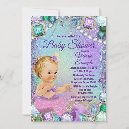 Jewel Mermaid Blonde Pink Mermaid Baby Shower Invitation