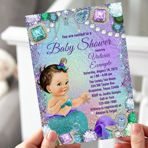 Jewel Mermaid Brunette Mermaid Baby Shower Invitation