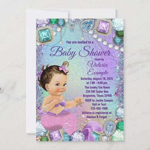 Jewel Mermaid Brunette Pink Mermaid Baby Shower Invitation