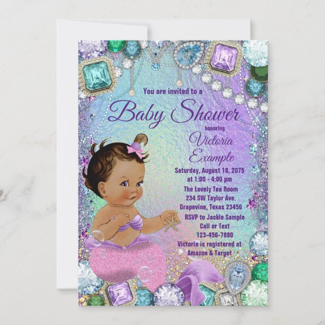Jewel Mermaid Ethnic Pink Mermaid Baby Shower Invitation (Front)