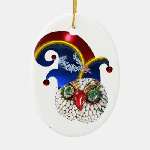 JEWEL OWL AND  ELF HAT WITH DIAMOND FEATHERS CERAMIC ORNAMENT