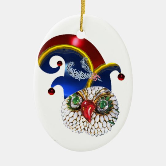 JEWEL OWL AND ELF HAT WITH DIAMOND FEATHERS CERAMIC ORNAMENT