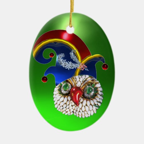 JEWEL OWL AND  ELF HAT WITH DIAMOND FEATHERS CERAMIC ORNAMENT