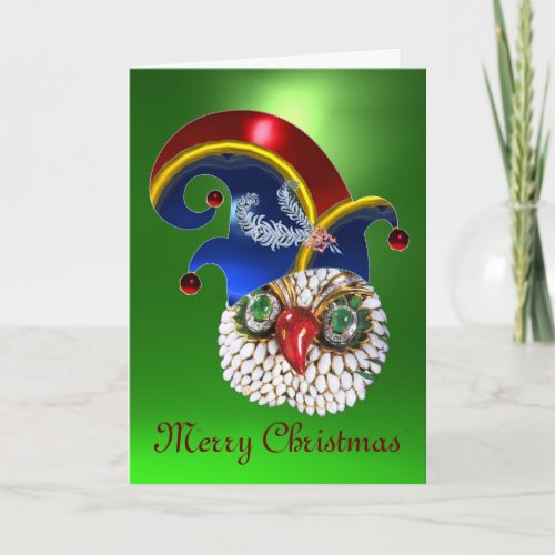 JEWEL OWL AND  ELF HAT WITH DIAMOND FEATHERS HOLIDAY CARD