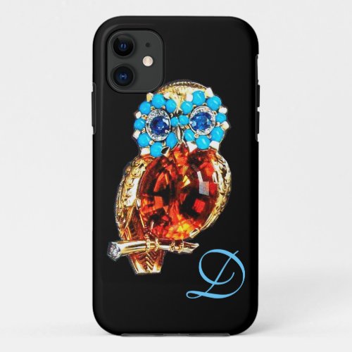 JEWEL OWL MONOGRAM Gold Blue Turquase Topaz iPhone 11 Case