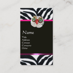 JEWEL OWL PINK BLACK WHITE ZEBRA FUR MONOGRAM BUSINESS CARD