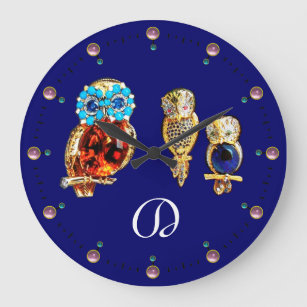 JEWEL OWLS Monogram Gold,Blue Turquase topaz Large Clock