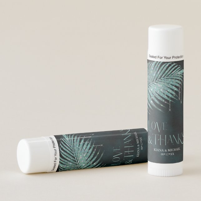 Jewel Palm Leaf Love & Thanks Teal ID830 Lip Balm (Front)