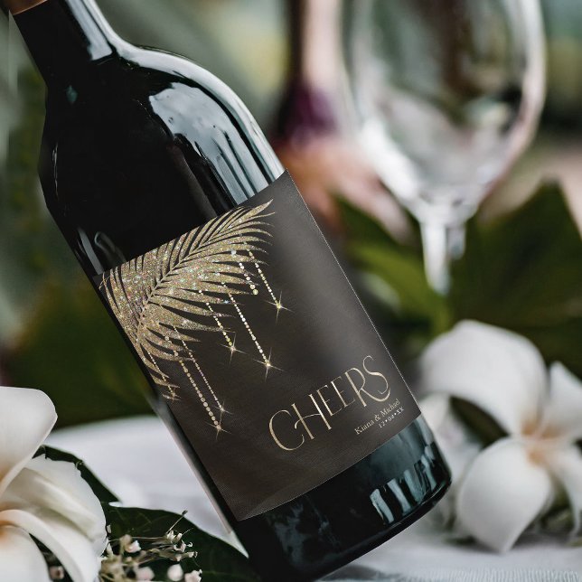 Jewel Palm Leaf Wedding Cheers Gold ID830 Wine Label (Creator Uploaded)