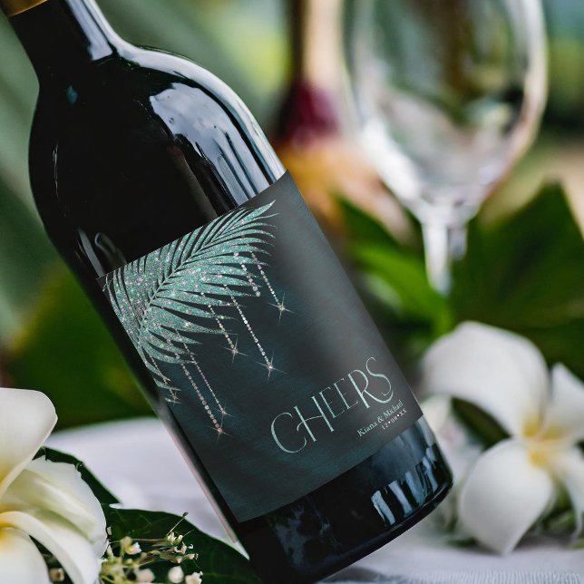 Jewel Palm Leaf Wedding Cheers Teal ID830 Wine Label (Creator Uploaded)