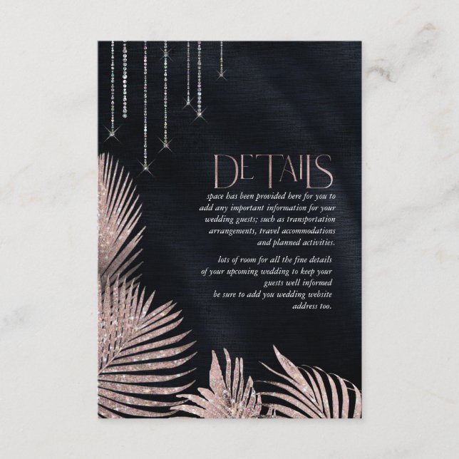 Jewel Palm Leaf Wedding Details Rose Gold ID830 Enclosure Card (Front)