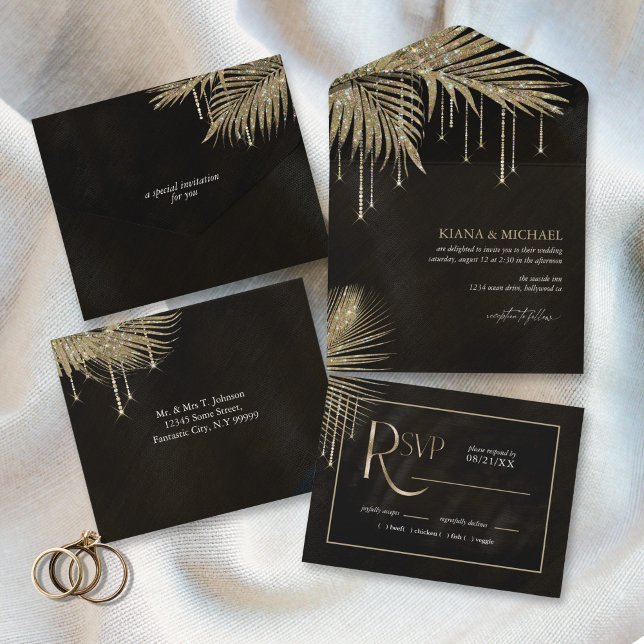 Jewel Palm Leaf Wedding Gold ID830 All In One Invitation (Creator Uploaded)