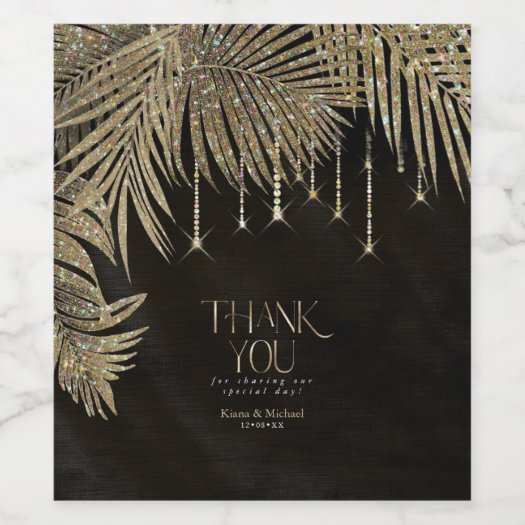 Jewel Palm Leaf Wedding Gold ID830 Wine Label