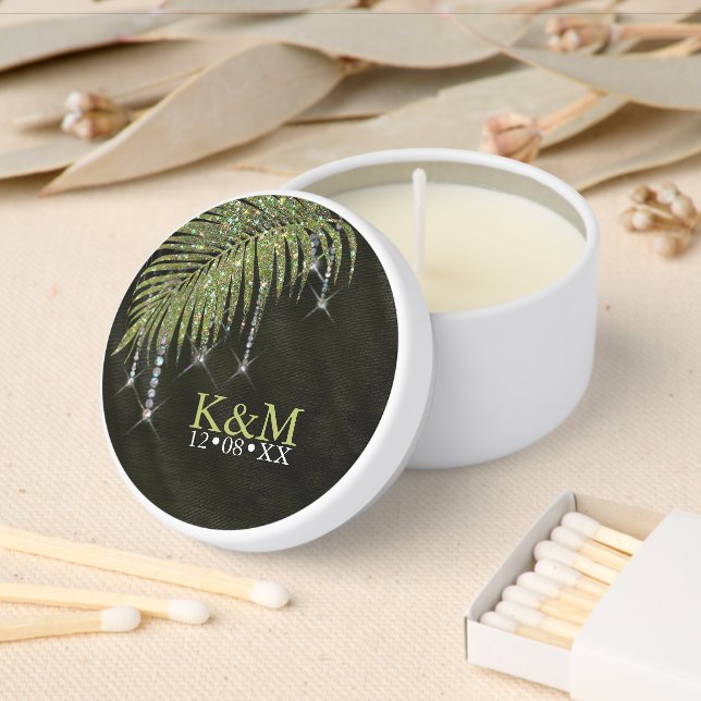 Jewel Palm Leaf Wedding Green ID830 Mini Candle Favors (Insitu)