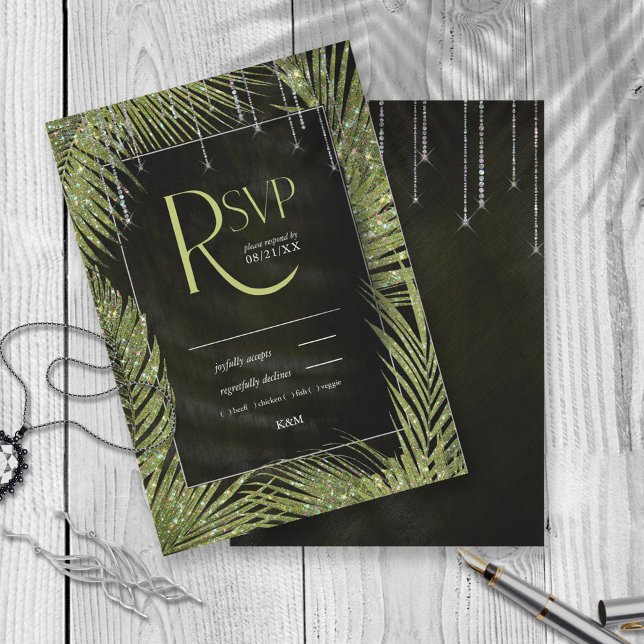Jewel Palm Leaf Wedding Green ID830 RSVP Card (Creator Uploaded)