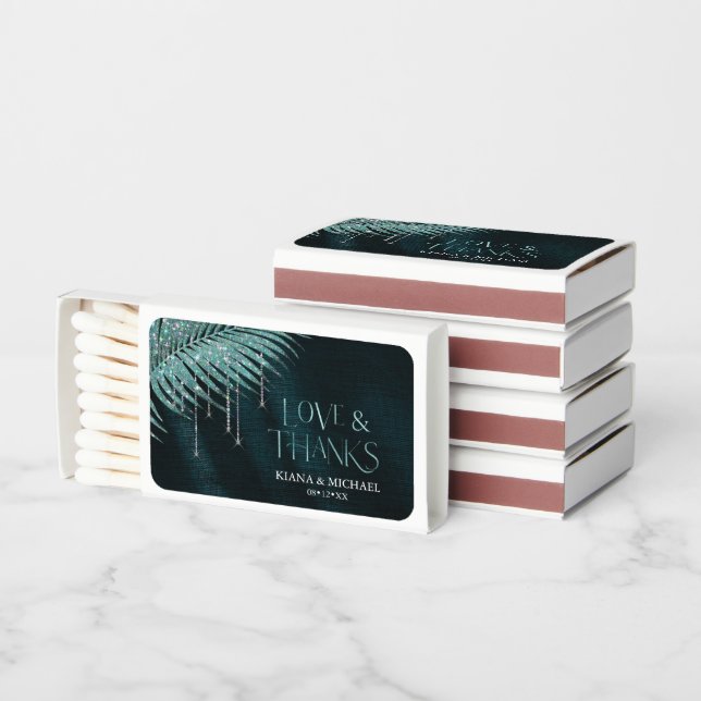 Jewel Palm Leaf Wedding Love Thanks Teal ID830 Matchboxes (Stacked)