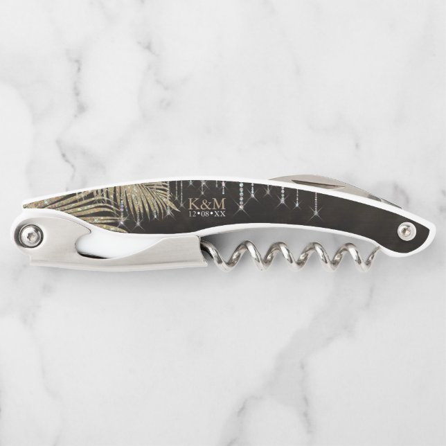 Jewel Palm Leaf Wedding Party Gold ID830 Waiter's Corkscrew (Front)