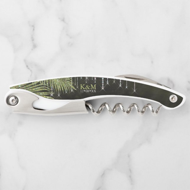 Jewel Palm Leaf Wedding Party Green ID830 Waiter's Corkscrew (Front)