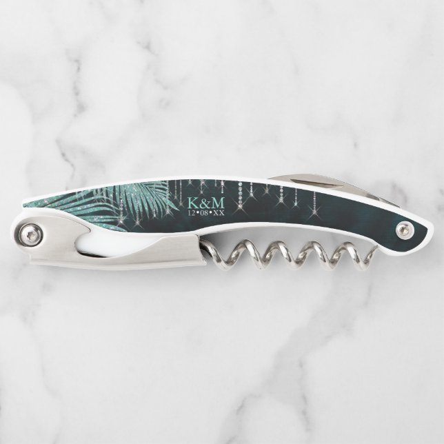 Jewel Palm Leaf Wedding Party Teal ID830 Waiter's Corkscrew (Front)