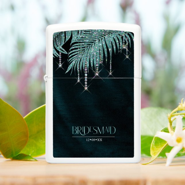 Jewel Palm Leaf Wedding Party Teal ID830 Zippo Lighter (On Table)