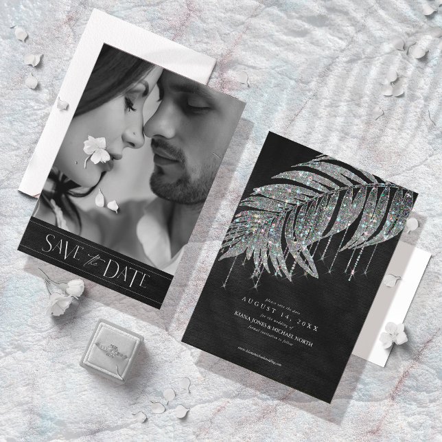 Jewel Palm Leaf Wedding Photo Silver ID830 Save The Date (Creator Uploaded)