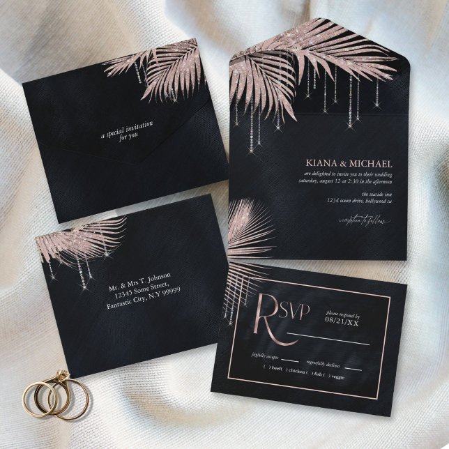 Jewel Palm Leaf Wedding Rose Gold ID830 All In One Invitation (Creator Uploaded)