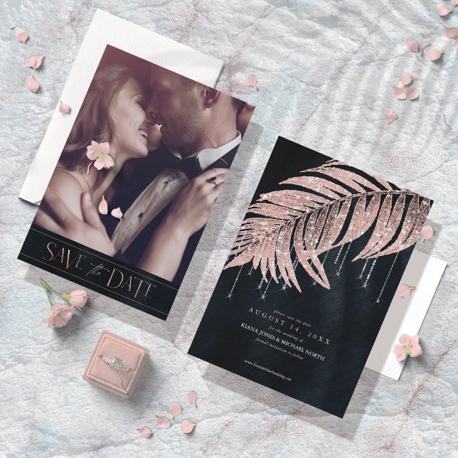 Jewel Palm Leaf Wedding Rose Gold ID830 Save The Date (Creator Uploaded)