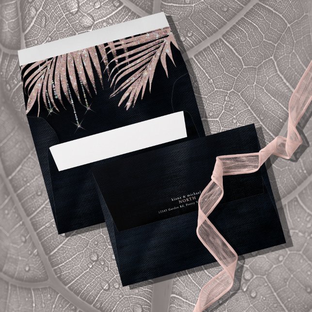 Jewel Palm Leaf Wedding Rose Gold/Navy ID830 Envelope (Interior/Back In Situ)